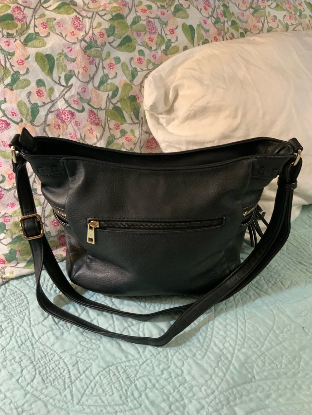 Everyday Black Faux-Leather Shoulder Bag with Gold Accents